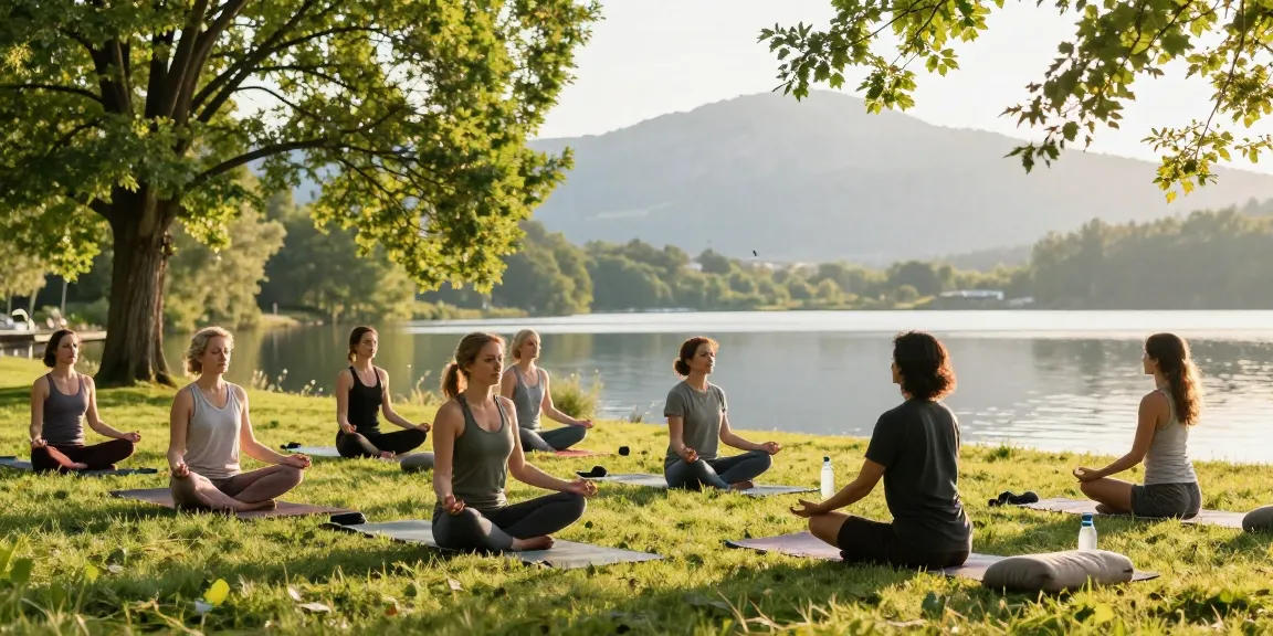 Participants practicing yoga at a wellness retreat, rokok88 super serene atmosphere.
