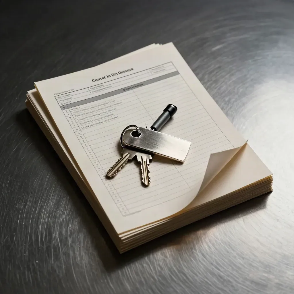 Overhead checklist pack, key tag and torch on brushed pewter with crisp shadows.