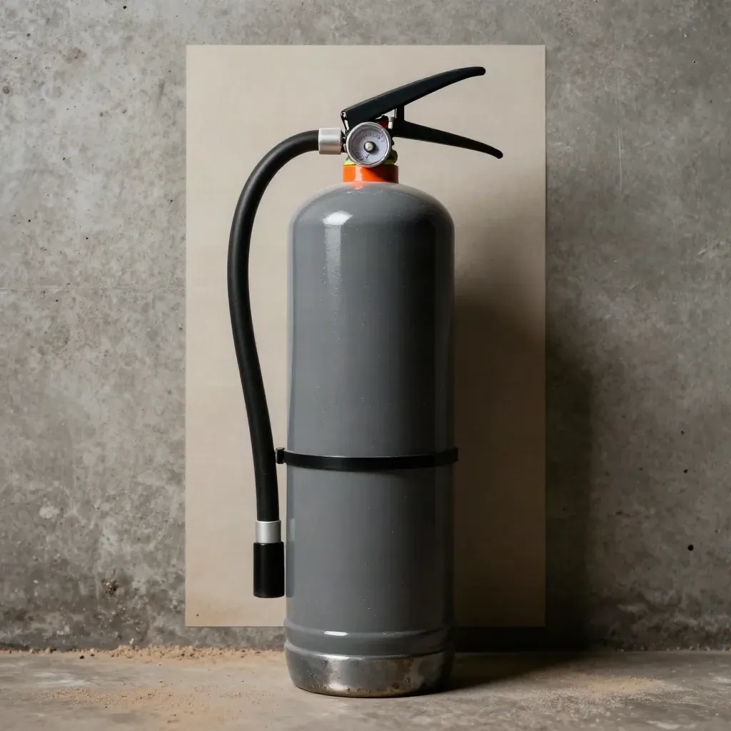 Low-angle product macro of a charcoal fire extinguisher beside concrete, lit by ember glint.