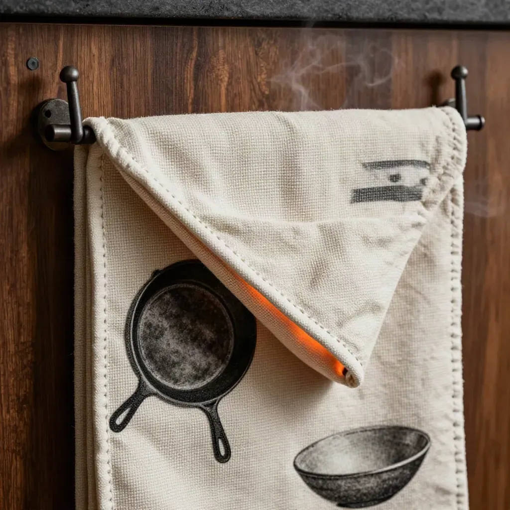 Macro of a kitchen fire blanket half-pulled from a wall pouch beside a skillet and bowl.