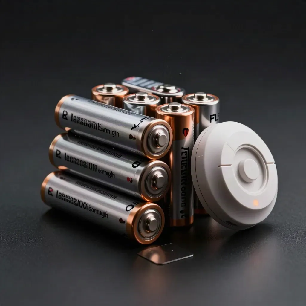 Close-up of battery bundle, smoke alarm base and contact plate on a dark studio surface.