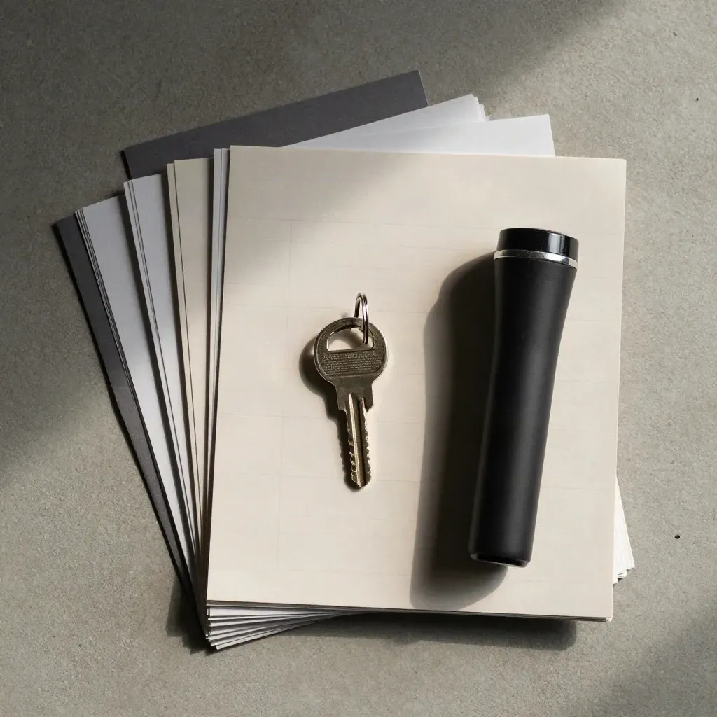 Overhead flatlay of landlord inspection papers, key ring and torch on concrete.