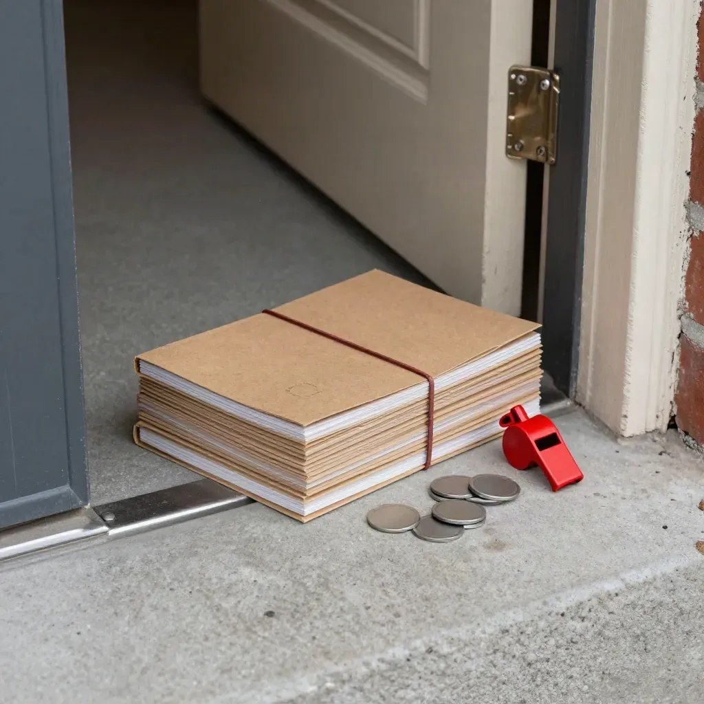 Drill guide booklet stack with whistle and face-down tokens beside a doorway.