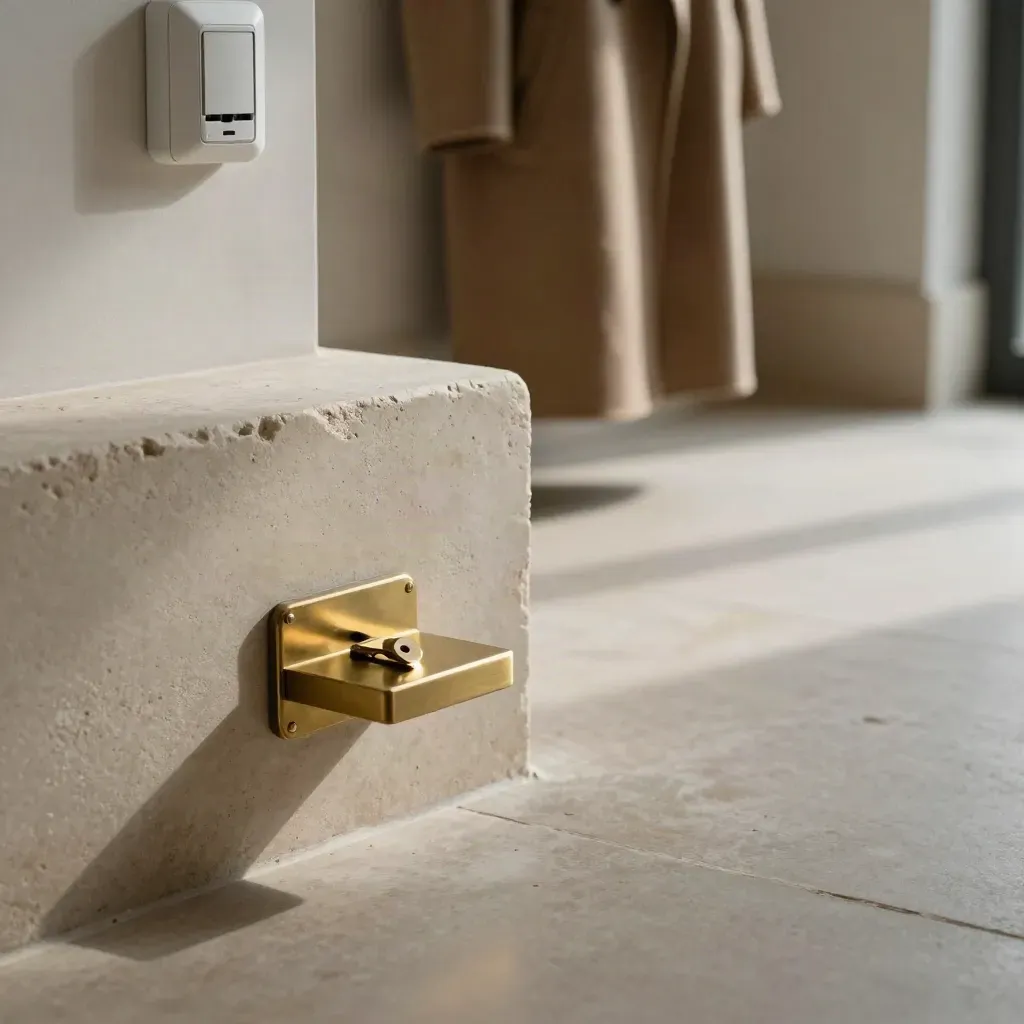 Limestone landing with brass key tray, folded coat, smoke alarm, and soft doorway blur.